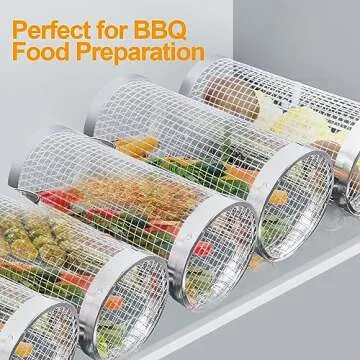 Rolling Grill Baskets for Outdoor Grill (3PCS), Secure Locking Cap, Round Stainless Steel Rotating Grilling Basket Roller Cylinder, BBQ Accessories for Outdoor Camping Cooking Vegetables Fish Shrimp