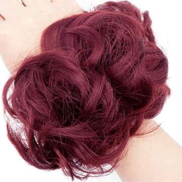 QTHQTFL Burgundy Messy Bun Hair Piece - Synthetic Wavy Curly Hair Extensions