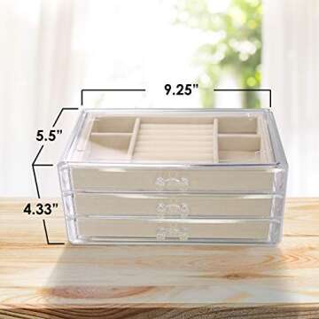 Acrylic Jewelry Organizer Box Women - 3 Drawers Clear Storage Case for Girls - Bracelet, Necklace & Ring Holder with Velvet Lining by Simple Goods