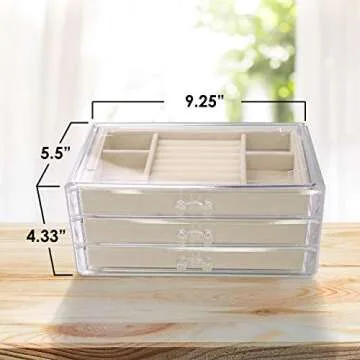 Acrylic Jewelry Organizer Box Women - 3 Drawers Clear Storage Case for Girls - Bracelet, Necklace & Ring Holder with Velvet Lining by Simple Goods