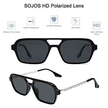 SOJOS Vintage Polarized Aviator Sunglasses for Women Men 70s Retro Flat Narraw Rectangular Womens Glasses SJ2186 with Black Frame/Grey Lens