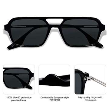 SOJOS Vintage Polarized Aviator Sunglasses for Women Men 70s Retro Flat Narraw Rectangular Womens Glasses SJ2186 with Black Frame/Grey Lens