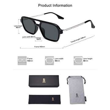 SOJOS Vintage Polarized Aviator Sunglasses for Women Men 70s Retro Flat Narraw Rectangular Womens Glasses SJ2186 with Black Frame/Grey Lens