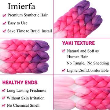 Imierfa Ombre Braiding Hair, 3Tone Braiding Hair Extensions Feed in Hair for Braids, 3Pack Braiding Hair for Twist Braids Color Purple Peach Red Pink 24" 3PCS