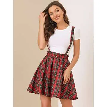 Allegra K Women's Tartan Plaid Button Decor Flare Skater Suspender Skirt Medium Red Green
