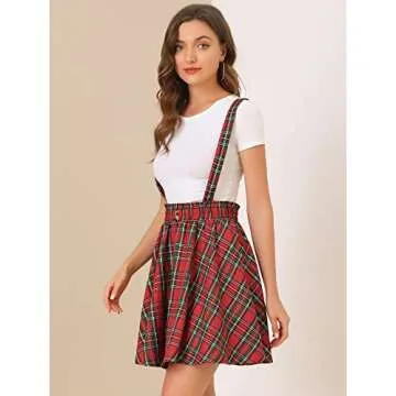 Allegra K Women's Tartan Plaid Button Decor Flare Skater Suspender Skirt Medium Red Green