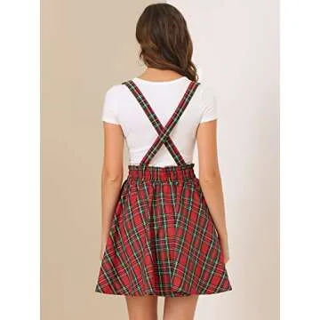 Allegra K Women's Tartan Plaid Button Decor Flare Skater Suspender Skirt Medium Red Green
