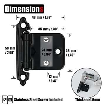 JQK 1/2 Inch Overlay Cabinet Door Hinges Black, 20 Pack 10 Pairs Flush Face Mount Cupboard Self-Clos...