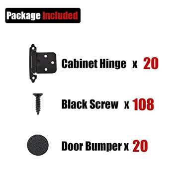 JQK 1/2 Inch Overlay Cabinet Door Hinges Black, 20 Pack 10 Pairs Flush Face Mount Cupboard Self-Closing Kitchen Cabinet Hinges with Door Bumper, CH200-BK-P20