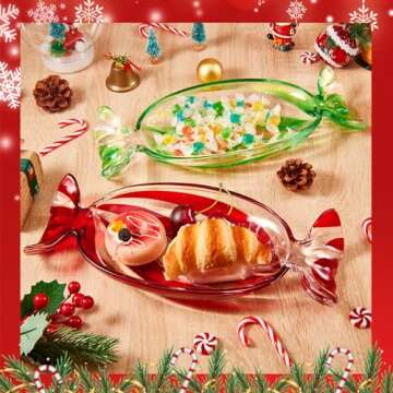 Maxcheck 2 Pcs Holiday Candy Dish Peppermint Candy Tray Green and Red Glass Platter Candy Bowls Crystal Glass Fruit Plates for Serving Party Cookie Snack Storage