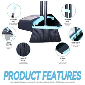 Broom with Dustpan Combo Set,Dust pan with Broom Combo Set,Standing Dustpan and Broom with 54” Long Handle for Indoor Lobby Office Kitchen Sweeping