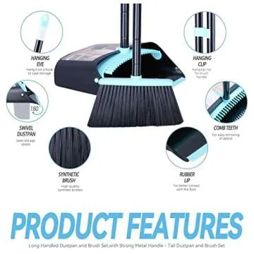 Broom with Dustpan Combo Set,Dust pan with Broom Combo Set,Standing Dustpan and Broom with 54” Long Handle for Indoor Lobby Office Kitchen Sweeping