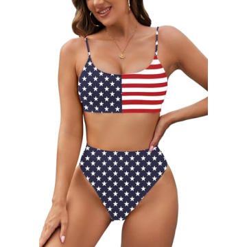 Pink Queen Women's Sexy High Cut High Waisted American Flag Two Piece Swimsuit L