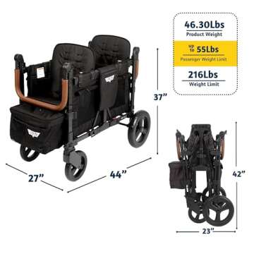 Keenz VYOO Stroller Wagon with Canopy - Foldable Design for Easy Storage, 5 Seating Positions for Kids, Enhanced Child Safety, All-Terrain Mobility, 2-Passengers, Black