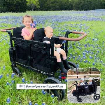 Keenz VYOO Stroller Wagon with Canopy - Foldable Design for Easy Storage, 5 Seating Positions for Kids, Enhanced Child Safety, All-Terrain Mobility, 2-Passengers, Black