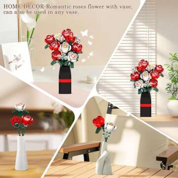 OKKIDY Roses Flowers Bouquet Building Set for Adults with Vase, Red Rose Artificial Flower Botanical Collection Plant Toy Kit, Valentines Day Gifts for Her Women Wife Mom, Home Decor(841PCS)