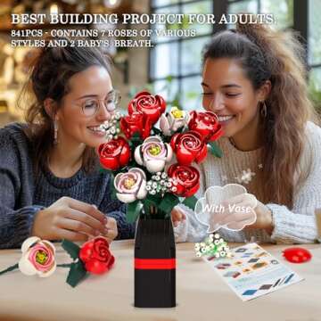 OKKIDY Roses Flowers Bouquet Building Set for Adults with Vase, Red Rose Artificial Flower Botanical Collection Plant Toy Kit, Valentines Day Gifts for Her Women Wife Mom, Home Decor(841PCS)