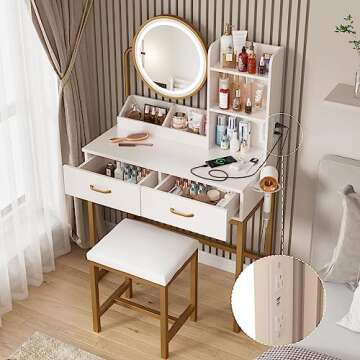 Makeup Vanity with Round Mirror and Lights, White Vanity Makeup Table with Charging Station, Small V...