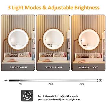 Makeup Vanity with Round Mirror and Lights, White Vanity Makeup Table with Charging Station, Small Vanity Table for Bedroom, 3 Lighting Modes, 31.5in(L)