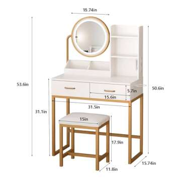 Makeup Vanity with Round Mirror and Lights, White Vanity Makeup Table with Charging Station, Small Vanity Table for Bedroom, 3 Lighting Modes, 31.5in(L)
