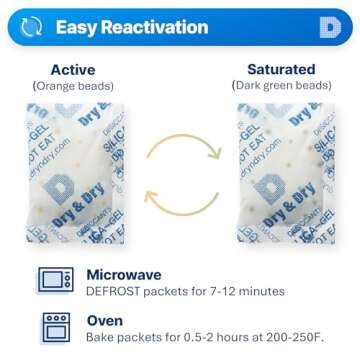 Dry & Dry 20 Gram [5 Packs] Orange Indicating(Orange to Dark Green) Mixed Silica Gel Packets - Food Safe Rechargeable Silica Packets Desiccants Silica Gel Packs Silica Gel Packets