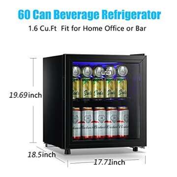 Beverage Refrigerator Cooler 60 Can Mini Fridge Glass Door for Beer Drinks Wines Juice, Adjustable S...