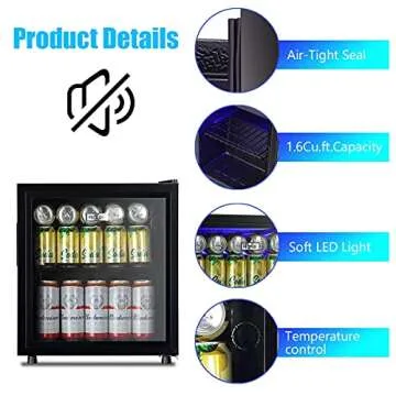 Beverage Refrigerator Cooler 60 Can Mini Fridge Glass Door for Beer Drinks Wines Juice, Adjustable Shelves Blue LED Lights and User Friendly Temperature Knob for Home Office Dorm Bar 1.6 Cu. Ft