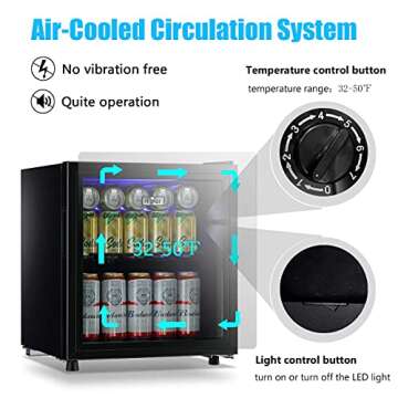 Beverage Refrigerator Cooler 60 Can Mini Fridge Glass Door for Beer Drinks Wines Juice, Adjustable Shelves Blue LED Lights and User Friendly Temperature Knob for Home Office Dorm Bar 1.6 Cu. Ft