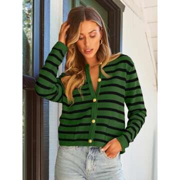 LILLUSORY Women's Striped Cardigan Sweaters Fall Outfits Clothes Fashion Trendy Long Sleeve Tops Casual Knit Lady Jackets Green Black S