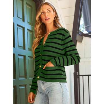 LILLUSORY Women's Striped Cardigan Sweaters Fall Outfits Clothes Fashion Trendy Long Sleeve Tops Casual Knit Lady Jackets Green Black S