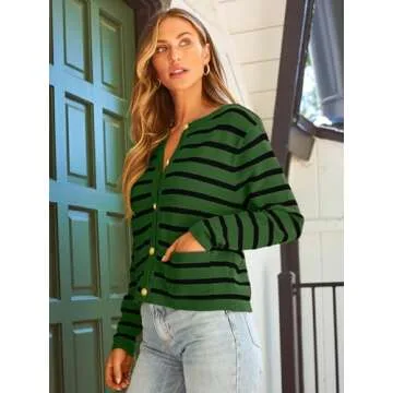 LILLUSORY Women's Striped Cardigan Sweaters Fall Outfits Clothes Fashion Trendy Long Sleeve Tops Casual Knit Lady Jackets Green Black S