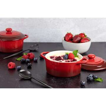 Kook Ceramic Mini Cocotte Set, Small Casserole Dishes with Lids and Handles, Individual Baking Ramekins, Oven, Microwave & Dishwasher Safe, Stoneware, 12 oz, Set of 4, Crimson Ombre