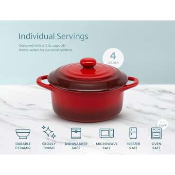Kook Ceramic Mini Cocotte Set, Small Casserole Dishes with Lids and Handles, Individual Baking Ramekins, Oven, Microwave & Dishwasher Safe, Stoneware, 12 oz, Set of 4, Crimson Ombre