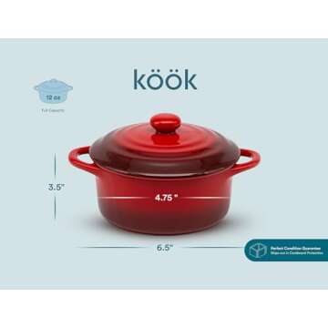 Kook Ceramic Mini Cocotte Set, Small Casserole Dishes with Lids and Handles, Individual Baking Ramekins, Oven, Microwave & Dishwasher Safe, Stoneware, 12 oz, Set of 4, Crimson Ombre