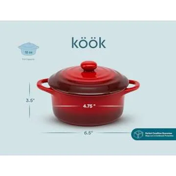 Kook Ceramic Mini Cocotte Set, Small Casserole Dishes with Lids and Handles, Individual Baking Ramekins, Oven, Microwave & Dishwasher Safe, Stoneware, 12 oz, Set of 4, Crimson Ombre