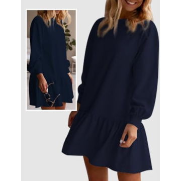 ZOOMOON Sweatshirt Dress Women Casual 2025 Fall Winter Long Sleeve Crewneck Patchwork Oversized Sweatshirt Mini Dresses, Navy Blue, M