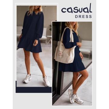 ZOOMOON Sweatshirt Dress Women Casual 2025 Fall Winter Long Sleeve Crewneck Patchwork Oversized Sweatshirt Mini Dresses, Navy Blue, M
