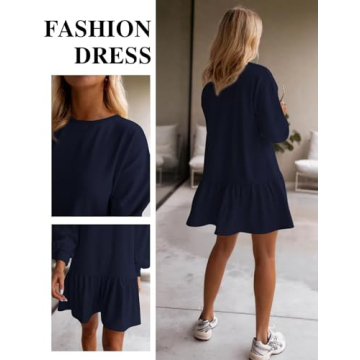 ZOOMOON Sweatshirt Dress Women Casual 2025 Fall Winter Long Sleeve Crewneck Patchwork Oversized Sweatshirt Mini Dresses, Navy Blue, M
