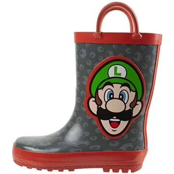 Super Mario Brothers Mario & Luigi Rain Boot for Kids, Nintendo, 100% Rubber, Waterproof, Grey Red, Big Kid Size 13/1