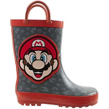 Super Mario Brothers Mario & Luigi Rain Boot for Kids, Nintendo, 100% Rubber, Waterproof, Grey Red, Big Kid Size 13/1