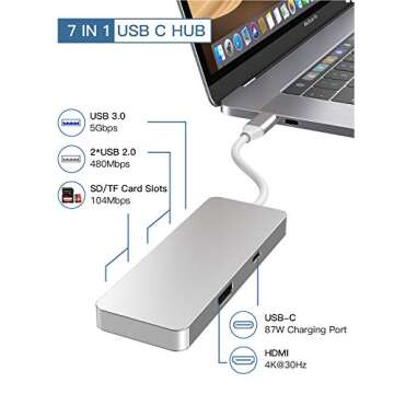 GIKERSY USB C Hub,7 in 1 Aluminum Type C Adapter with 87W PD Charging Port, 4K HDMI Output,1 USB 3.0...