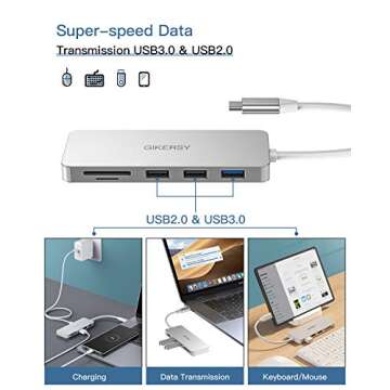 GIKERSY USB C Hub,7 in 1 Aluminum Type C Adapter with 87W PD Charging Port, 4K HDMI Output,1 USB 3.0/2 USB 2.0 Ports, MicroSD/SD Card Reader Compatible MacBook Pro 13" 15" 2015/2016/2017 More (Silver)