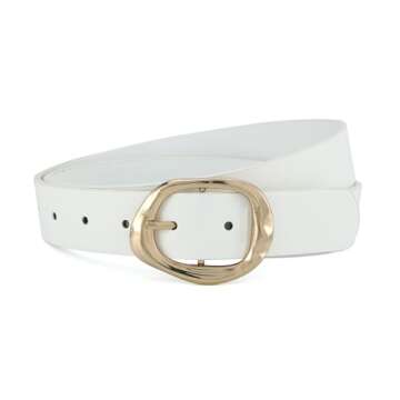 Earnda White Leather Belts for Women Casual Fashion Waist Belt with Liquid Shapes Gold Buckle for Jeans Pants Dresses 1.18" Width Small