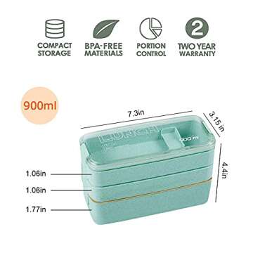 Iteryn Bento Box Lunch Box, 3-In-1 Compartment Lunch Containers - Wheat Straw, Leakproof Stackable B...