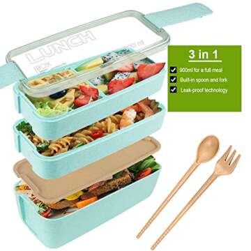 Iteryn Bento Box Lunch Box, 3-In-1 Compartment Lunch Containers - Wheat Straw, Leakproof Stackable Bento Lunch Box for Meal Prep