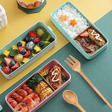 Iteryn Bento Box Lunch Box, 3-In-1 Compartment Lunch Containers - Wheat Straw, Leakproof Stackable Bento Lunch Box for Meal Prep