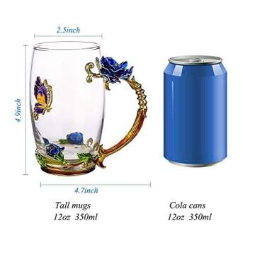 COAWG 330ML Tea Cup Glass Coffee Mugs - Handmade Floral Design with Spoon