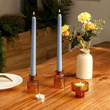 Lysenn Amber Glass Candle Holders - Elegant Set for Taper, Pillar, Tealight Candles