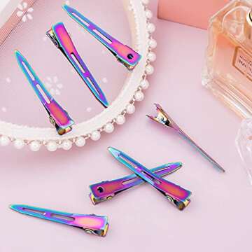 OIIKI 10 Pack 2.2 Inches Rainbow Alligator Hair Clips, Metal Duck Bill Hair Clips Pins without Teeth, Curl Clips Hair Barrettes Accessories for Hair Coloring, Hair Styling, Salon, Bows DIY