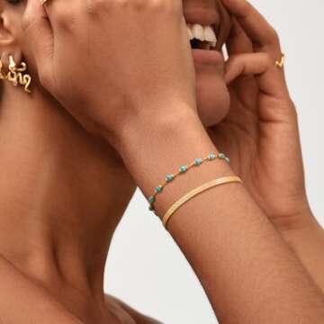 MEVECCO Gold Round Turquoise Beaded Bracelets,14K Gold Plated Handmade Cute Dainty Bracelet for Women